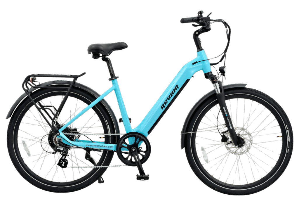 Revom tourer low step electric bike in Turquoise side view.