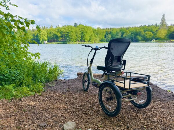 IMG_0955 Revom T4 Semi Recumbent electric tricycle side on at Shearwater Lake